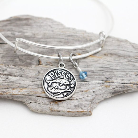 March Pisces Adjustable Charm Bangle - Handmade Zodiac Bracelet - Picture 2 of 11